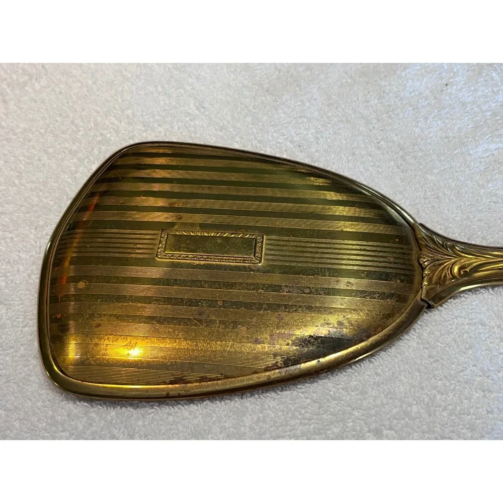 Vintage Art Deco Gold Tone Brass Hand Mirror Striped Vanity Handheld Mirror